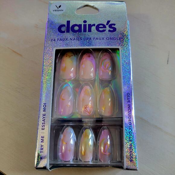 New Claire’s Vegan Glue-On Nails, Long Stiletto 24pc Celestial Moon & Sun Design - Picture 2 of 5